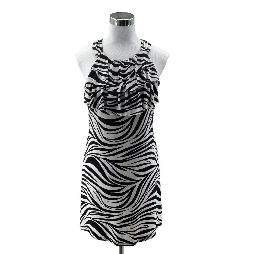 En Focus Studio Halter Short Dress Women Size 10 White Black Zebra Print Ruffled